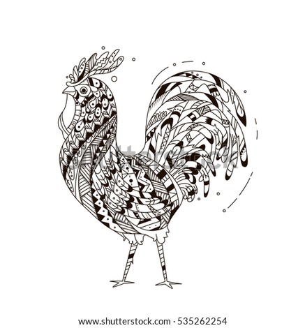 Rooster inspired zentangle style. Coloring for black and white cock. Illustration can be used as print fabric, bags, calendars. Rooster symbol 2017.