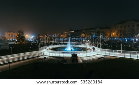 King Tomislav Square in Zagreb (Croatia), Christmas market with a view of the fountain and ice skating rink