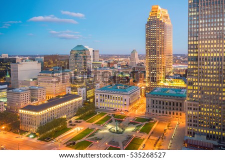 View of downtown Cleveland skyline in Ohio USA at twilight Royalty-Free Stock Photo #535268527