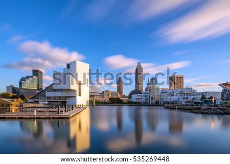 Downtown Cleveland skyline from the lakefront in Ohio USA