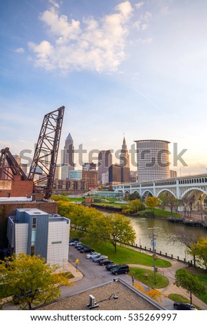 View of downtown Cleveland skyline in Ohio USA