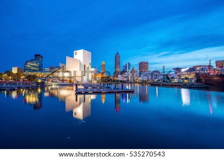Downtown Cleveland skyline from the lakefront in Ohio USA Royalty-Free Stock Photo #535270543