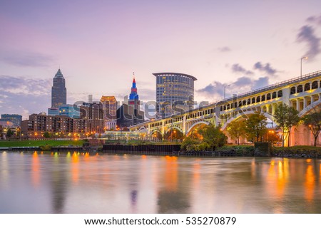 View of downtown Cleveland skyline in Ohio USA at twilight Royalty-Free Stock Photo #535270879