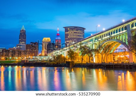 View of downtown Cleveland skyline in Ohio USA at twilight Royalty-Free Stock Photo #535270900