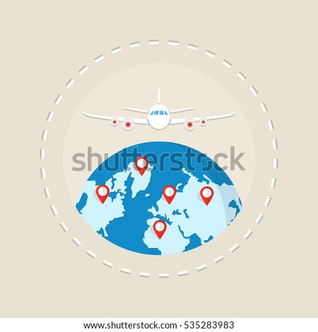 Around the world travelling by plane concept, travel pin location on a global map. Flying above the earth. Flat vector illustration.