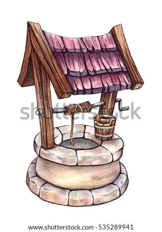 watercolor old well  isolated on white background. watercolor illustration. Cartoon style.