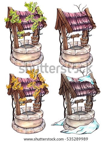 Four watercolor old wells, four different season isolated on white background. watercolor illustration. Cartoon style