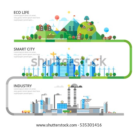 A set of three illustrations - production, modern city life in the countryside. Royalty-Free Stock Photo #535301416