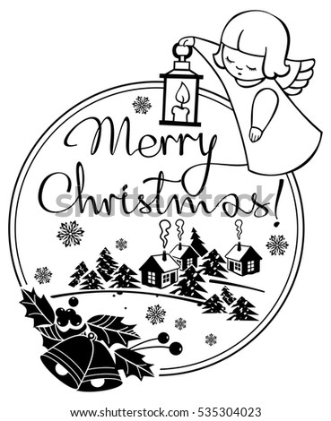 Black and white Christmas label with angel and artistic written text: "Merry Christmas!". Christmas holiday background. Vector clip art.
