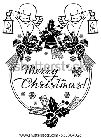 Black and white Christmas label with angels and artistic written text: "Merry Christmas!". Christmas holiday background. Vector clip art.