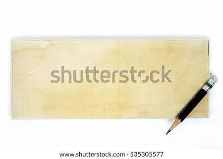 An empty wooden sign with a pencil isolated on white background