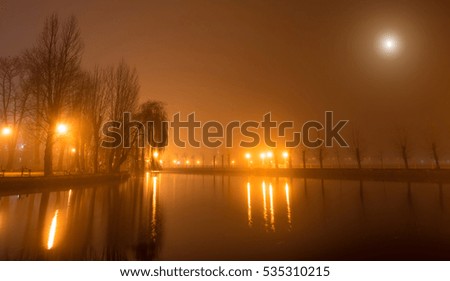 Mystical landscape with trees near the pond in misty autumn evening in the moonlight