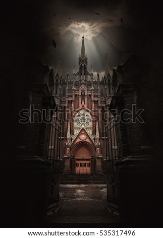 Gothic Church and storm. Apocalypse background.