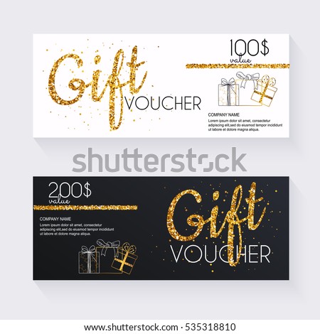 Voucher template with gold gift box,certificate. Background design coupon, invitation, currency. Vector illustration.
 Royalty-Free Stock Photo #535318810