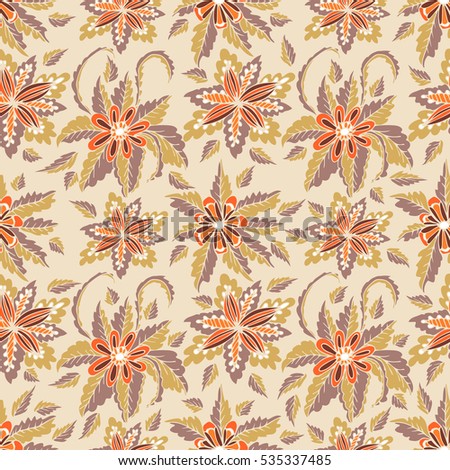 Colorful hand drawn doodle floral seamless pattern.  Abstract tropical fantasy flowers, leaves, hawaiian pattern. Cartoon flora. Vector background.