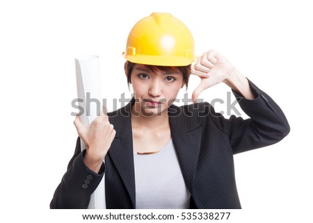 Asian engineer woman thumbs down with blueprints isolated on white background.