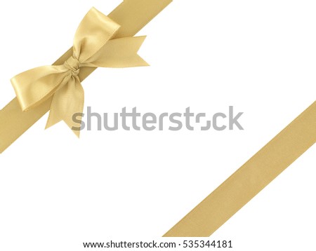 luxury diagonal golden ribbon with bow isolated on white background, elegant yellow gold ribbon border for gift box or greeting card decorating, top view with copy space Royalty-Free Stock Photo #535344181