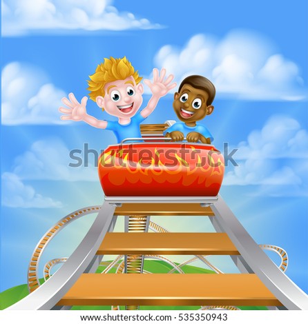 Cartoon boys children riding on a roller coaster ride at a theme park or amusement park