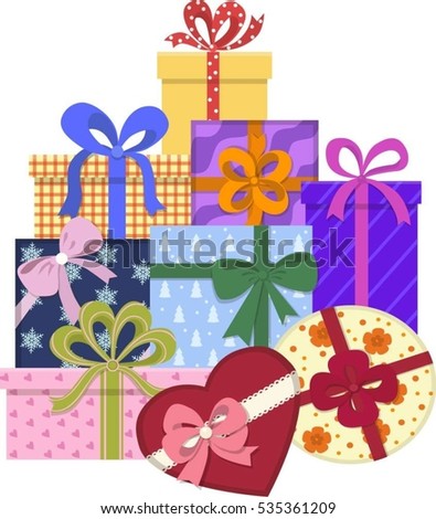 Big pile of colorful wrapped gift boxes. Mountain gifts. Gift box for Christmas or a birthday party in a flat style.Vector illustration.