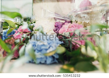 Blurred picture of colorful hydrangeas under glass cover