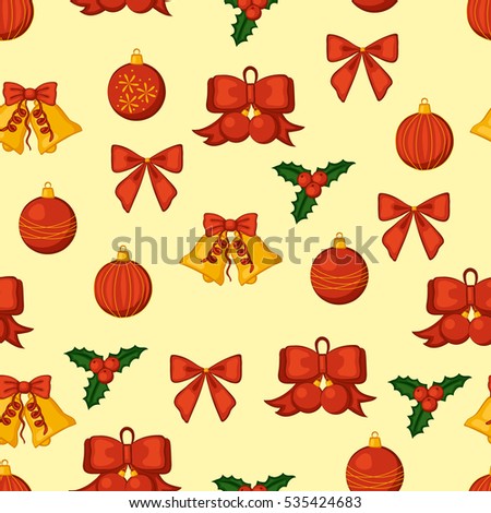 Christmas decorations seamless pattern. Bows, bells, balls. Vector illustration.