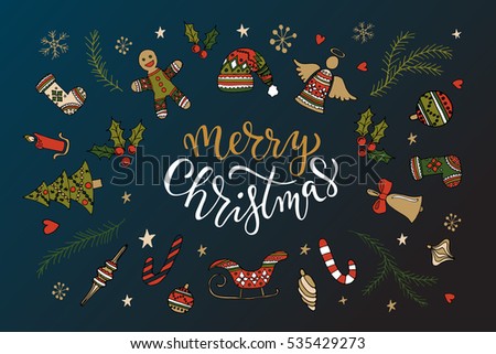 Hand sketched Merry Christmas for Happy holidays greeting card. Lettering celebration logo set. Typography for winter holidays. Calligraphic poster on blurred textured background. Postcard motive