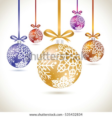 Christmas balls colorful hanging set on tape for christmas tree decoration. New year balls collection to styling website. Kit of snowflakes on balls