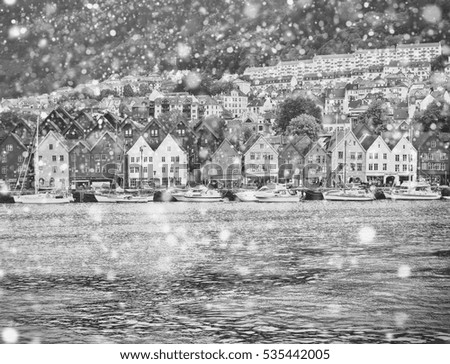 first snow. Bergen in winter, Norway. Black and white picture