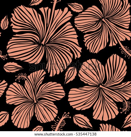 Tropical floral seamless pattern with hibiscus flowers in neutral colors. Floral vector on a black background.