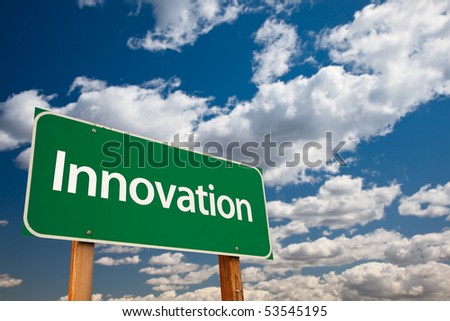 Innovation Green Road Sign with Copy Room Over The Dramatic Clouds and Sky.