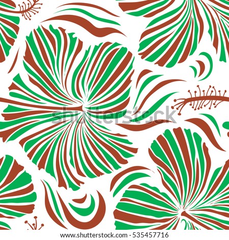Hibiscus vector pattern on a white background. Tropical flowers in green and brown colors.