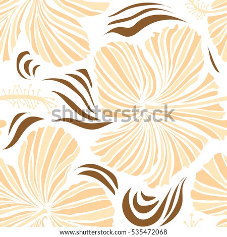 Seamless tropical flowers in beige colors. Hibiscus vector pattern on a white background.