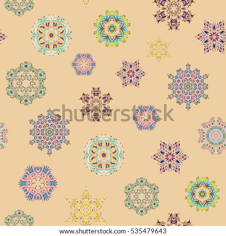 Seamless pattern on beige background. Vector snowflakes winter New Year frame.