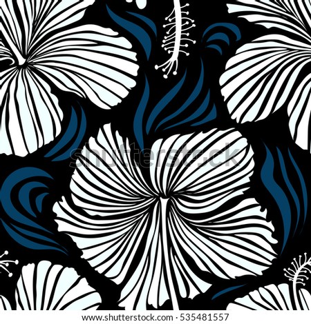 Vintage style. Tropical flowers, hibiscus leaves, hibiscus buds, seamless vector floral pattern on black background in white and neutral colors.