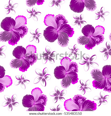 Seamless tropical flower, hibiscus pattern. Vector illustration in pink, purple and magenta colors on a white background.