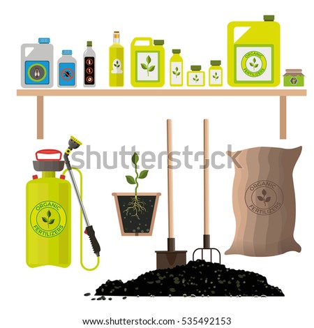 Set of agricultural and garden items for fertilizing Royalty-Free Stock Photo #535492153