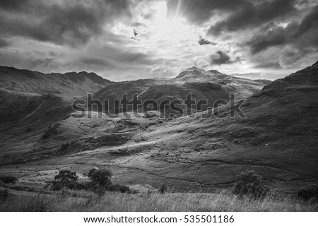 Sun Rays Falling onto  Spectacular Welsh Mountains, black and White