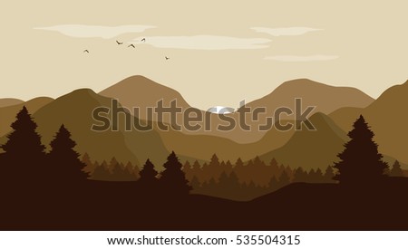 Landscape with brown silhouettes of mountains, hills, trees and sunset in the background