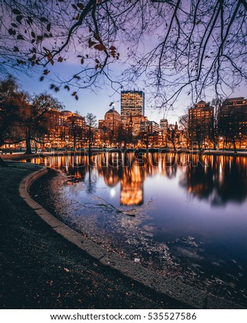 Skyline of Boston, Massachusetts from the Boston Public Gardens.