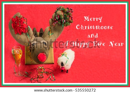 Merry Christmoose and A Happy Ewe Near Christmas Greeting with Red, Green Border
