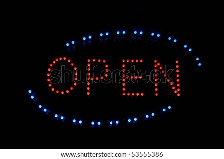 Open Neon Sign in Blue Red and Black