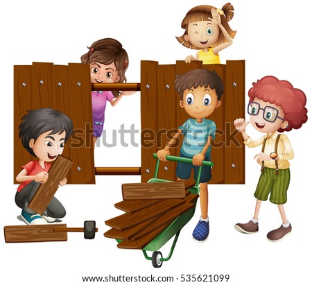 Children building wooden fence illustration
