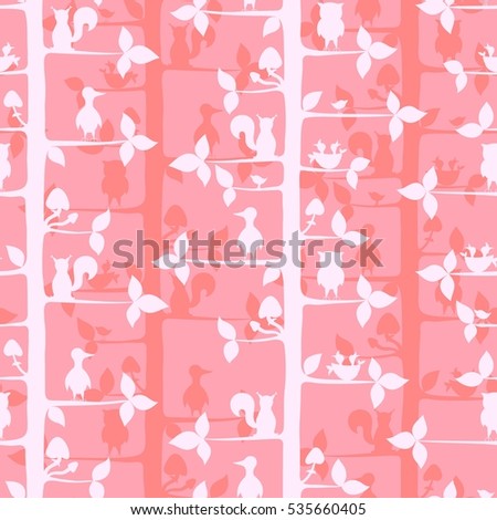 Seamless pattern with trees and forest animals. Vector background for textile design, wallpaper, wrapping paper, scrapbooking. Forest textile print.