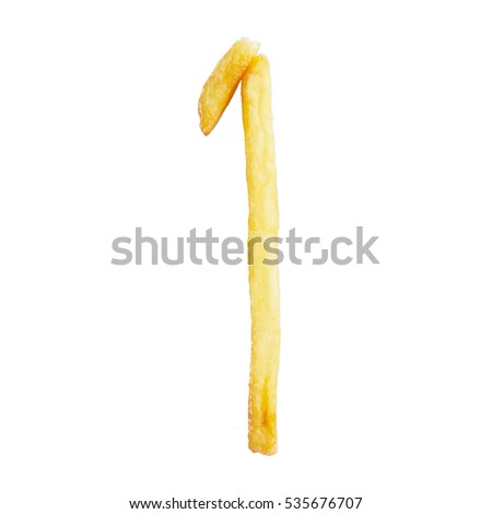 Number one 1 symbol is made of the same fries. Alphabet of French fries. Isolate on white