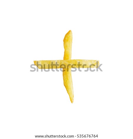 The symbol plus + is made of the same fries. Alphabet of French fries. Isolate on white