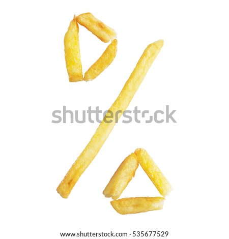 The symbol percent % is made of the same fries. Alphabet of French fries. Isolate on white