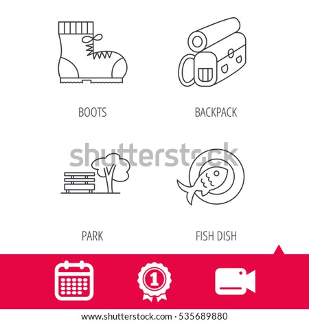 Achievement and video cam signs. Park, backpack and hiking boots icons. Fish dish linear sign. Calendar icon. Vector