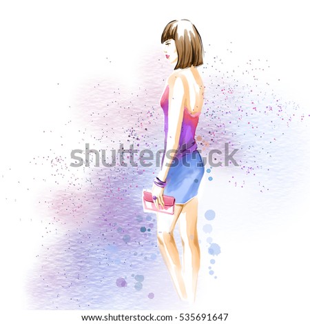 Fashion watercolor illustration with gorgeous girl in evening dress with clutch. Watercolour hand painting in pastel colors. 
