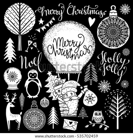 Christmas and New year hand drawn, scrapbooking design elements, icons set isolated on black background. Hand written font. Vector design