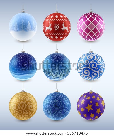Set of christmas toys, balls with ornament and decoration, EPS 10 contains transparency.